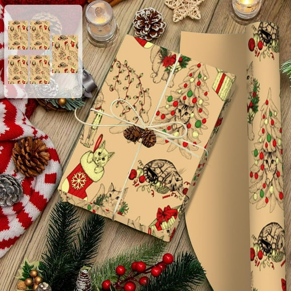 Rapeiae Christmas Wrapping Paper Kraft Gift Wrap Holiday Packaging Paper with Santa Snowflake Gift Print for Christmas Presents