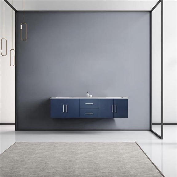 Lexora  72 in. Geneva Double Bathroom Vanity, White Carrara Marble Top, White Square Sinks & No Mirror, Navy Blue