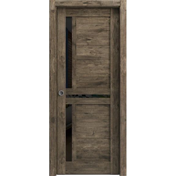 Sliding French Pocket Door 24 x 80 inches with | Veregio 7588 Cognac Oak with Black Glass | Kit Trims Rail Hardware | Solid Wood Interior Bedroom Sturdy Doors