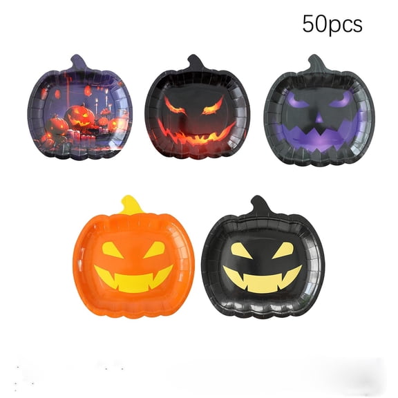 BiFandian Halloween Pumpkin Paper Plates, 50 Count Disposable Halloween Dinner Food Plates, Halloween Party Decorative Tableware for Snack And Meal Serving