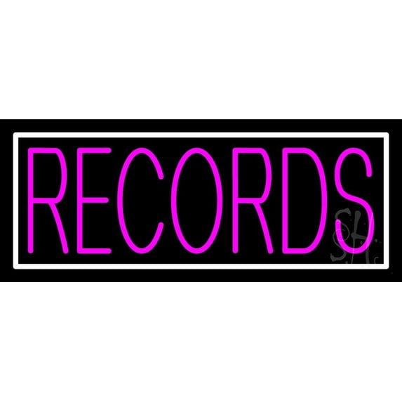 Pink Records Block White Border LED Neon Sign 10" Tall x 24" Wide - inches Black Square Cut Acrylic Backing, with Dimmer - Premium built indoor Sign for Studio, Club, Décor, Event, Storefront.