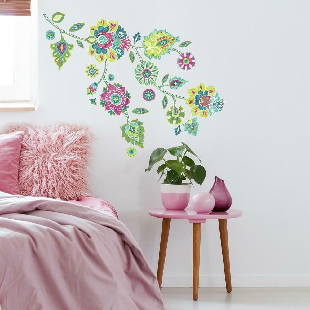 RoomMates Green Boho Floral Peel and Stick Giant Wall Decals, 4"W x 32
