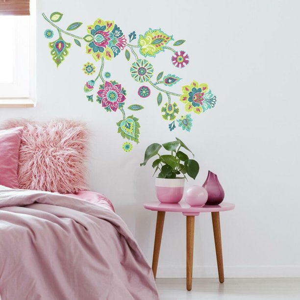 RoomMates Green Boho Floral Peel and Stick Giant Wall Decals, 4"W x 32"H