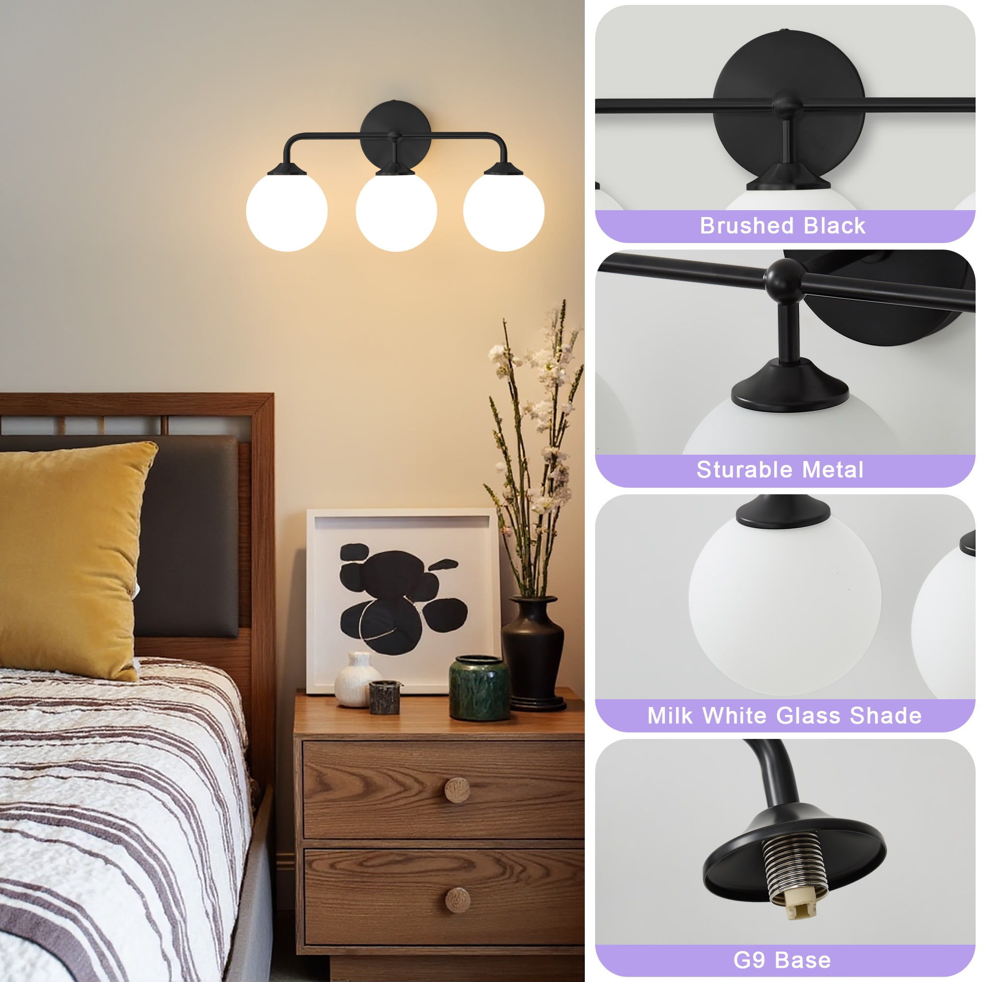Modern Minimalist Style Vanity Lights Black 3 Light  Bathroom Vanity Light Fixtures