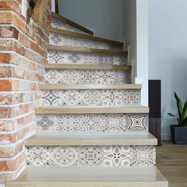 funlife 14 Strips Stair Riser Stickers Peel and Stick, Self Adhesive Vinyl Stair Risers Staircase Murals Decals Sticker Decor for Steps, 39.37"x7.09", Vintage Geometry