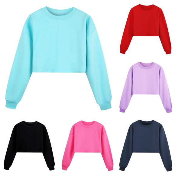 RUTAYY Girls Crop Crewneck Sweatshirt Solid Color Long Sleeve Casual Fall Crop Tops for Kids Blue