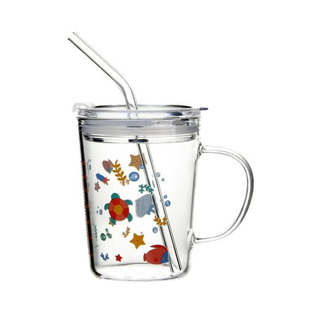 

Kid Straw Water Cup High Borosilicate Heatproof Glass Cover Straw Water Cup for Home School (Pink Tortoise Pattern)