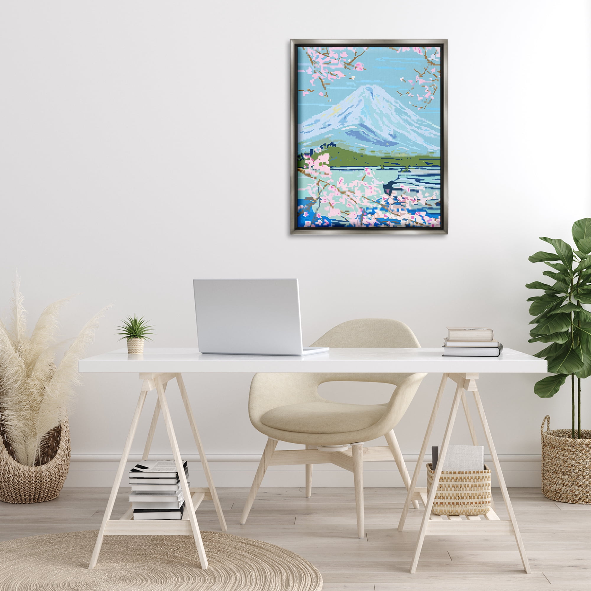 Stupell Industries Pixel Mount Fuji Landscape Painting Gray Floater Framed Art Print Wall Art, 25 x 31