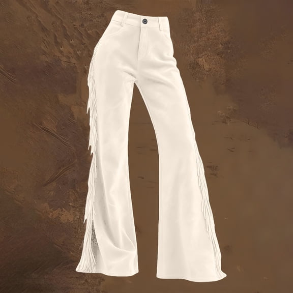 Endives Womens Jean Flare Pants Western Brown Fringe Flared Jeans Elastic Waist Trendy Stretchy Tassel Denim Pants Flare Pants White