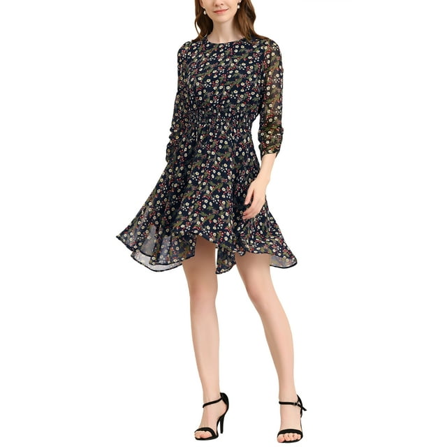 INSPIRE CHIC Robe Fleurie pour Femme Manches Froncées Robes Smockées L Bleu Marine