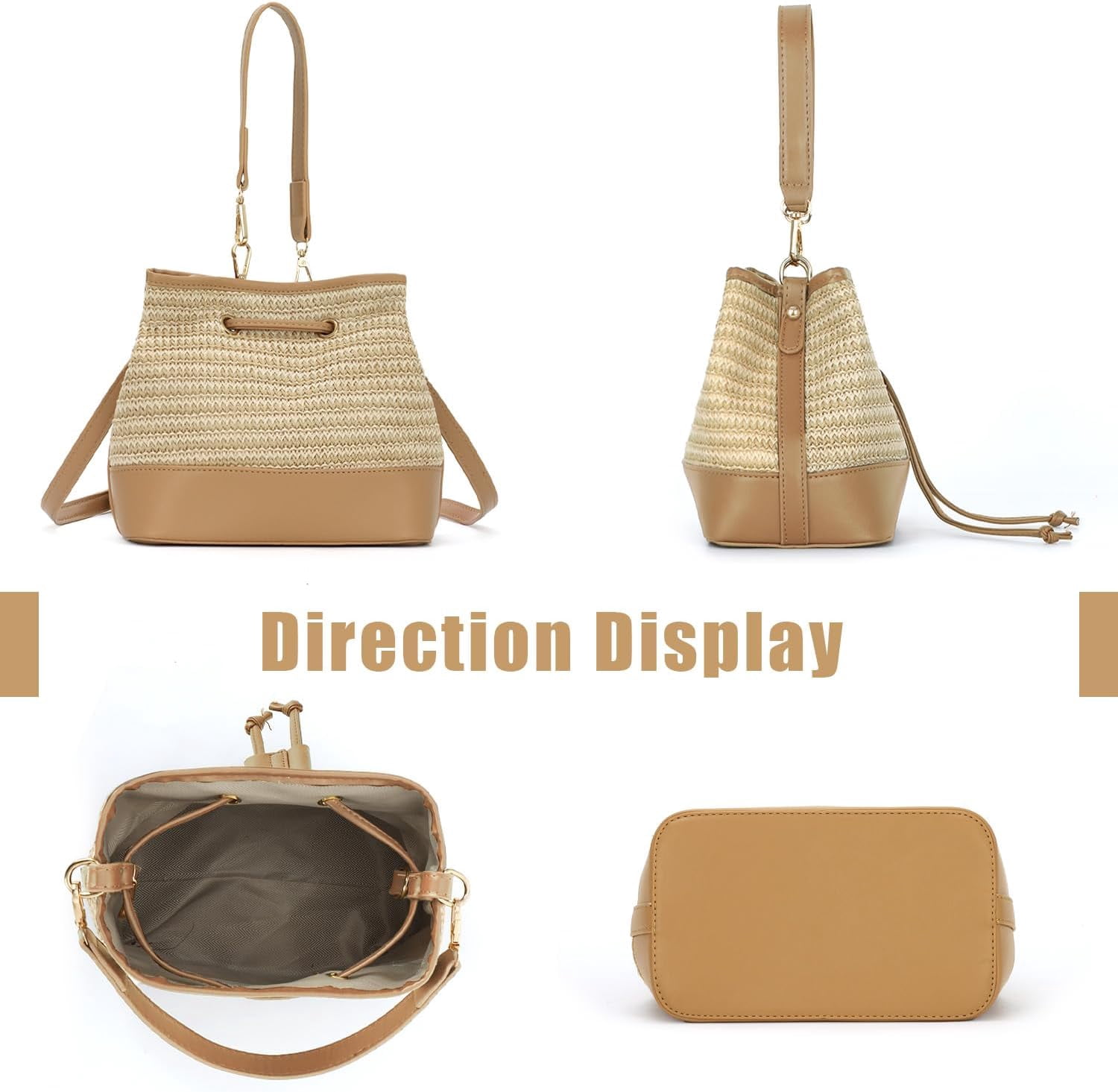 Straw Drawstring Shoulder Bag Bucket Bag for Women Summer Handwoven Beach Vacation Handbag Crossbody Bag