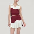 thumbnail image 2 of Women's Sleeveless Colorblock Cropped Top with Collared Neckline and Sculpted Contrast Design - Large, Burgundy, 2 of 6