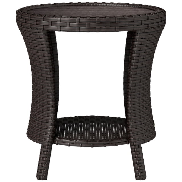 Table Basse d'Extérieur Ronde en Osier de 18 Pouces, Table d'Appoint de Patio en Rotin PE avec Rangement à 2 Niveaux, Dessus Composite Bois-Plastique, Design Sablier Brun pour Jardin, Balcon et Cour Arrière