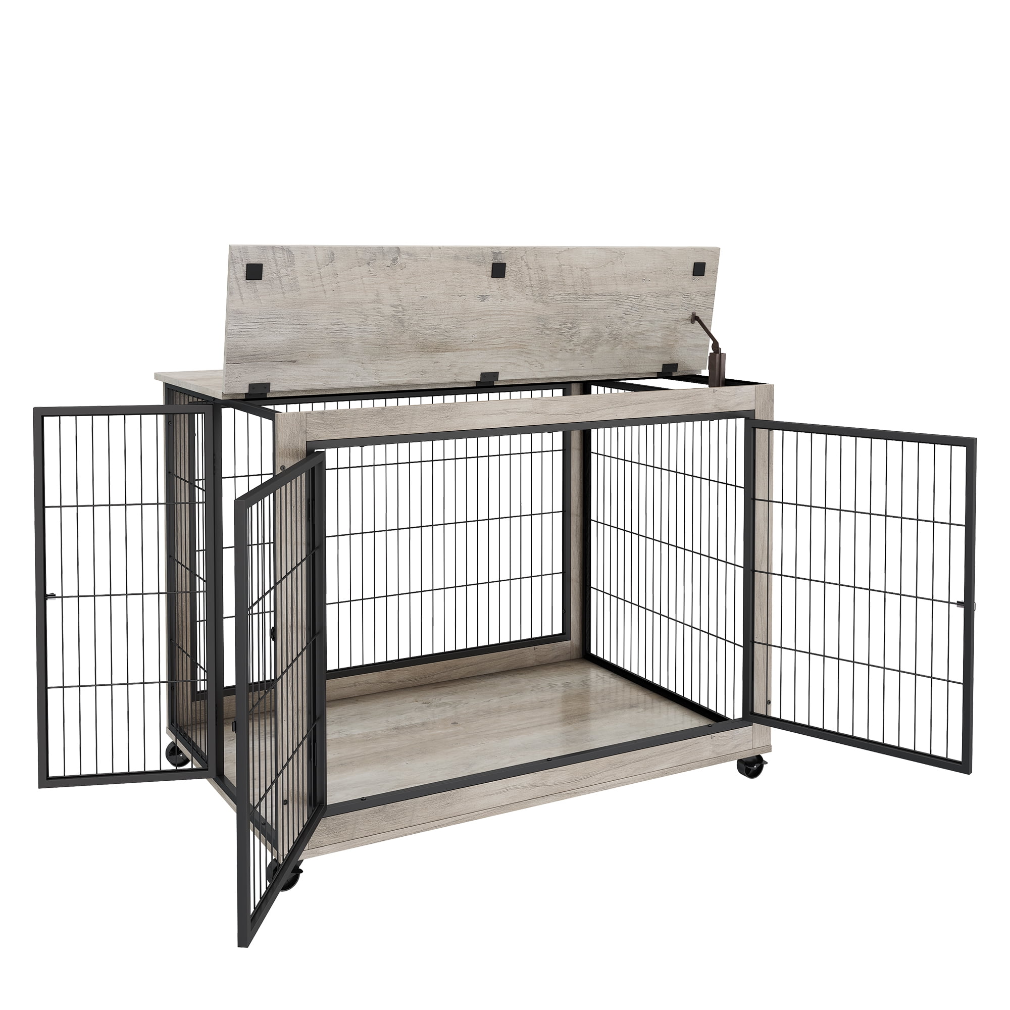 Pefilos 43" Wooden Dog Crates for Large Dogs Indoor Sliding Door Dog Cage Furniture with Wheels for Two Puppies Dog House, Gray Pefilos 43" Wooden Dog Crates for Large Dogs Indoor Sliding Door Dog Cage Furniture with Wheels for Two Puppies Dog House, Gray