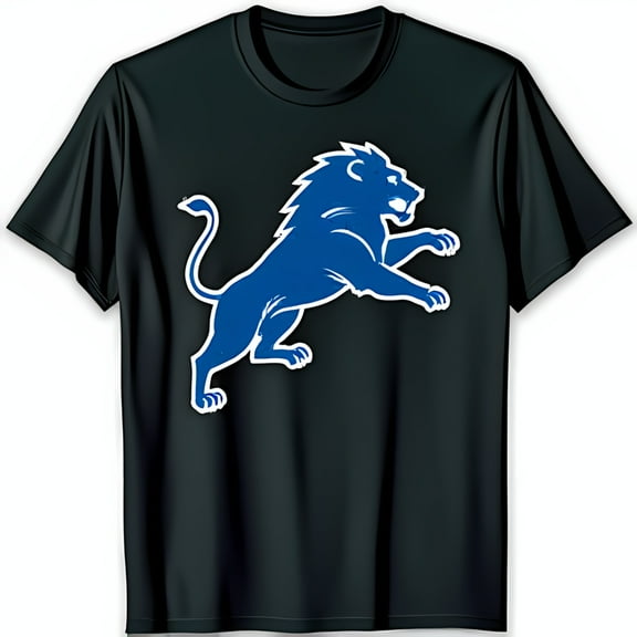 Bold Black T-Shirt with Striking Blue Leaping Lion Graphic on Chest