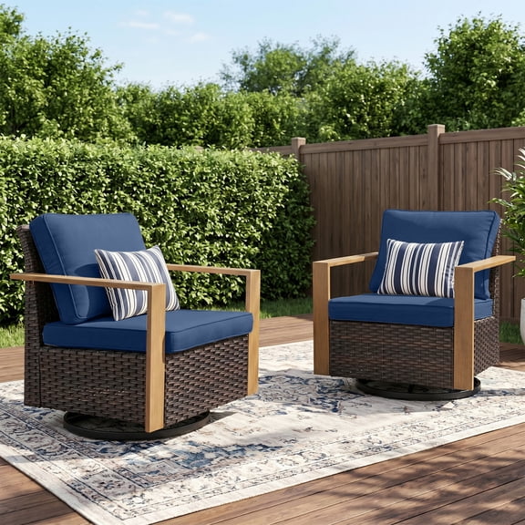 Unnifurnzi Outdoor Swivel Rocker Patio Chairs Set of 2-All Weather Wicker Swivel Patio Chairs Outdoor Chairs for Deck Porch Poolside Balcony-Brown/Blue
