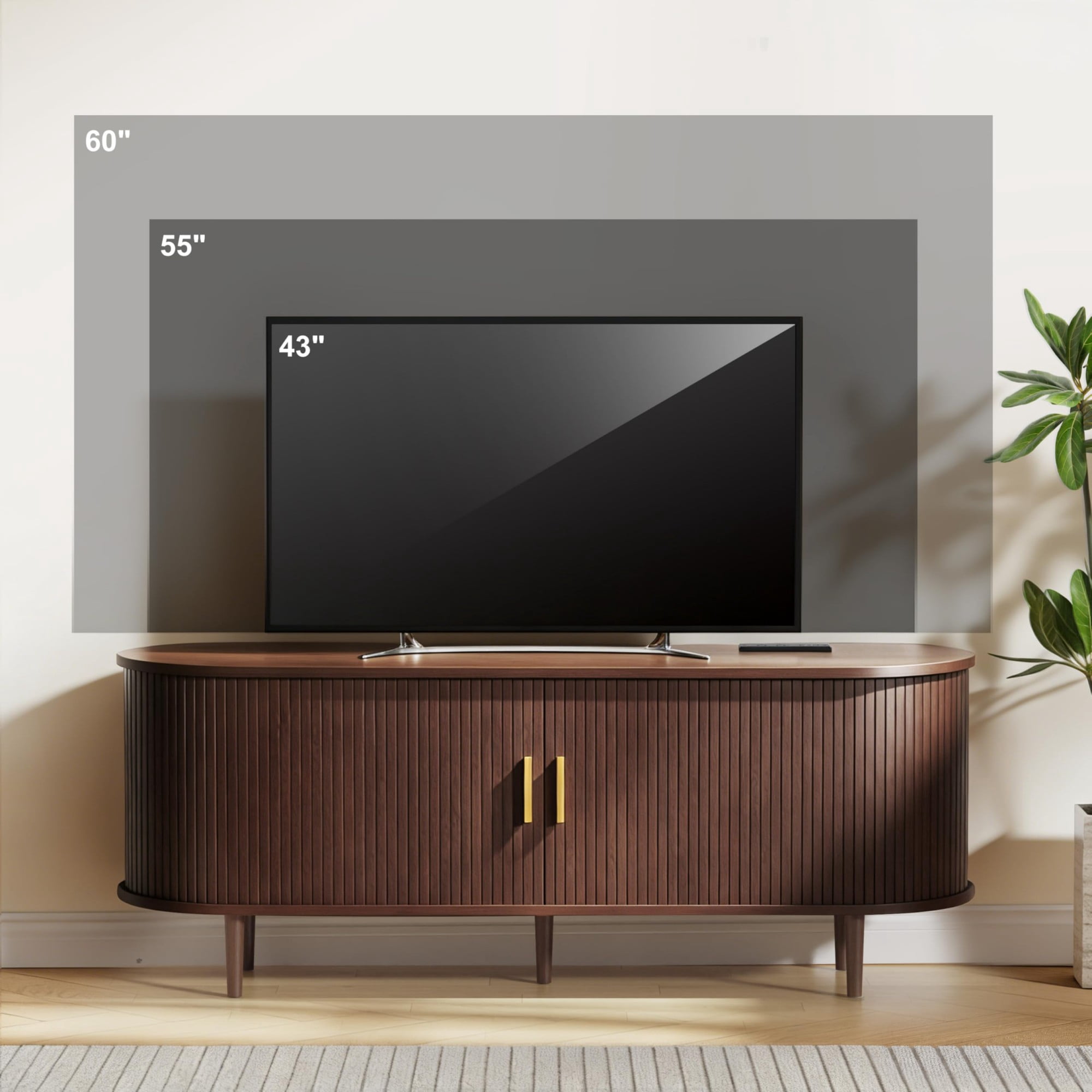 55 Inch Mid Century Modern TV Stand with Power Outlet, Fluted Media Console with Sliding Doors for TVs up to 60 Inch, Walnut
