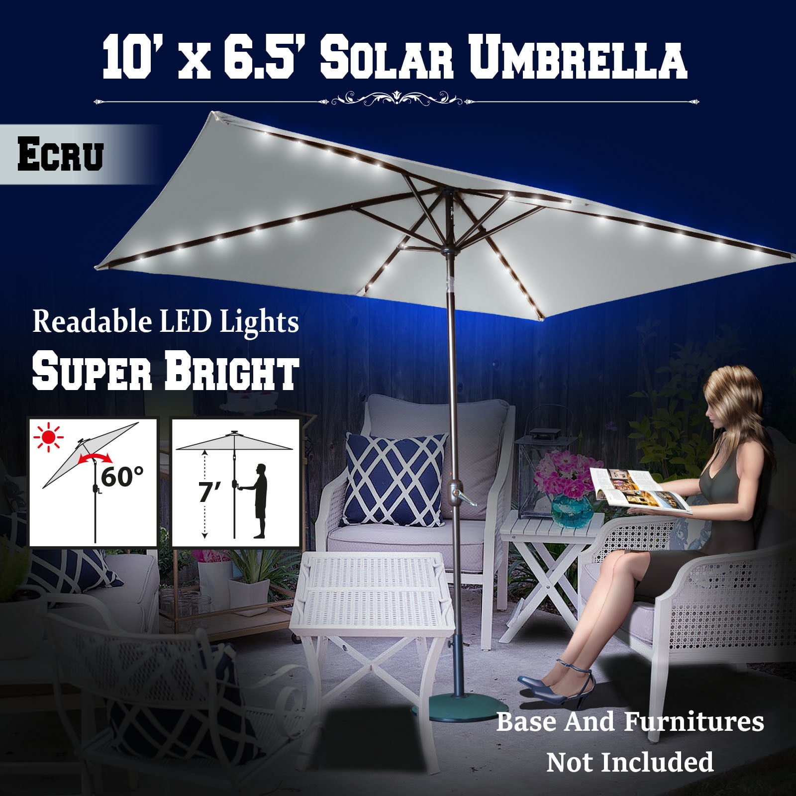 Sunny 10'x6.5' OUTDOOR SOLAR 26 LED LIGHTS ALUMINIUM PATIO UMBRELLA RECTANGLE TILT-ECRU COLOR