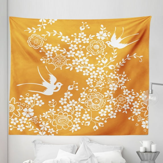 Orange Tapestry, Oriental Floral Japanese Style Flying Birds Pastel Colored Spring Pattern, Fabric Wall Hanging Decor for Bedroom Living Room Dorm, 5 Sizes, Marigold White, by Ambesonne