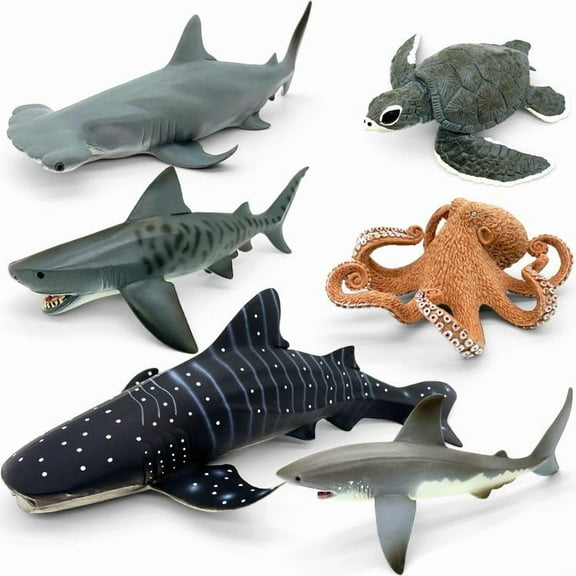 6-Piece Ocean Animal Figures Set – Realistic Whale Shark, Great White Shark, Tiger Shark, Hammerhead Shark, Sea Turtle & Octopus – Marine Life Toy for Kids & Collectors