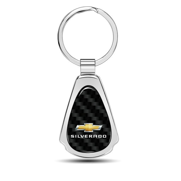 iPick Image for Chevrolet Silverado Real Black Carbon Fiber Chrome Metal Teardrop Key Chain, Official Licensed