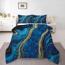 Homewish Adult Fashion Marble Queen Comforter Set, Blue Gold Abstract Ombre Bedding Sets, Modern Artwork Reversible Bedding Comforter Set, Microfiber Bedroom Decor, 3-Piece