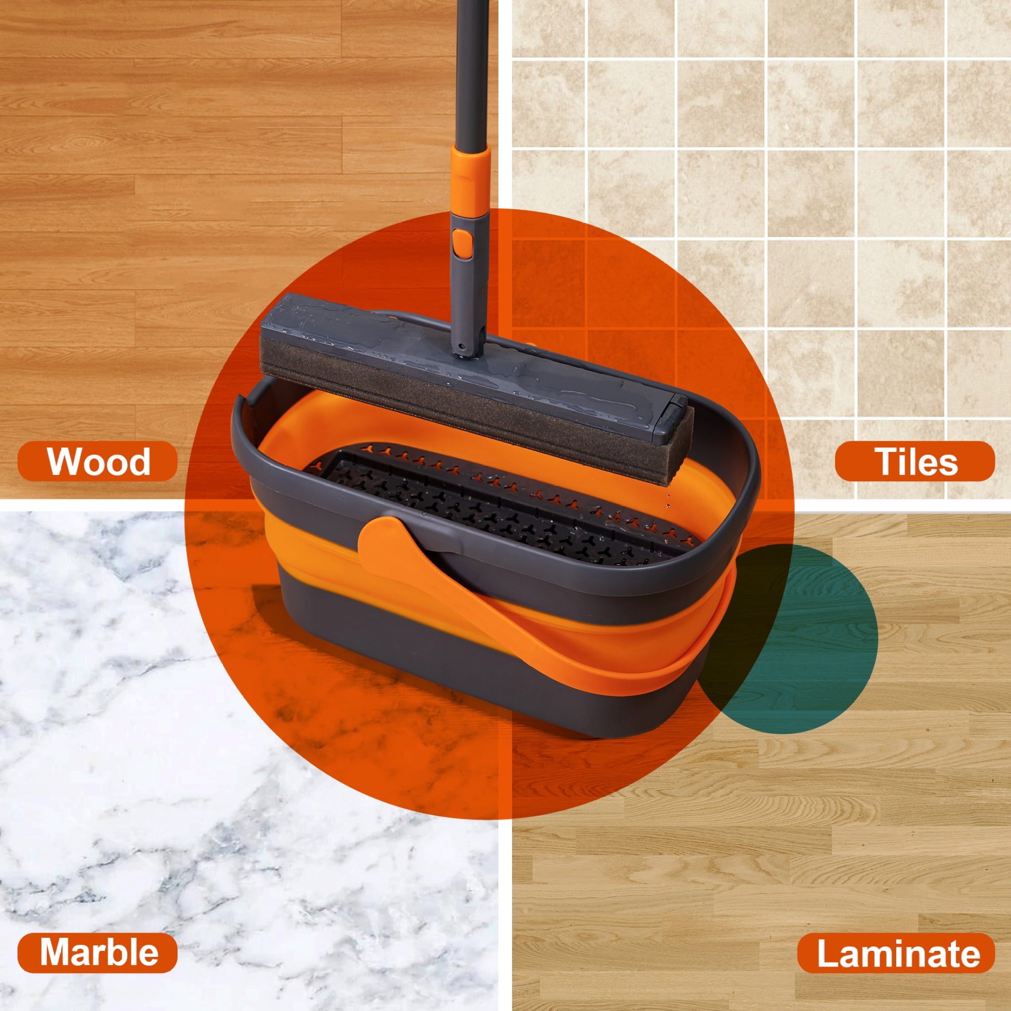 Sponge Mop Kit and Collapsible Bucket Mop and Bucket for Floor Cleaning Hands Free Home Floor Cleaning