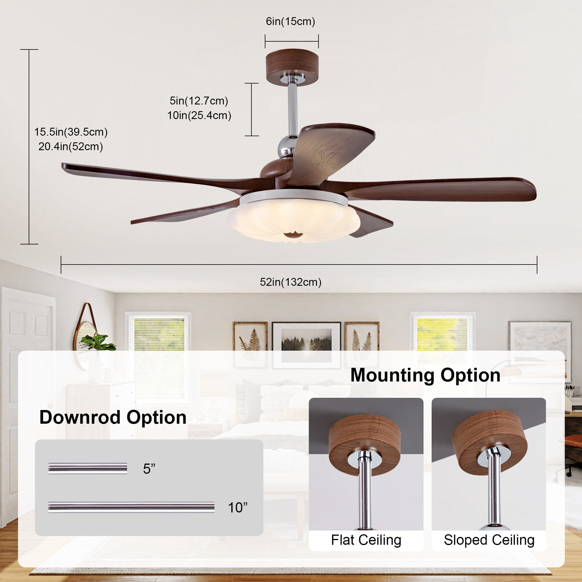 Ceiling Fan 52 Inch with 5 Solid Wood Blades and Light, Remote Control Ceiling Fan and LED Light Fixture with Reversible DC Motor for Living Room, Walnut