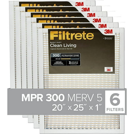 Filtrete 20x25x1  AC Furnace Air Filter  MPR 300  Clean Living Basic Dust 6-Pack