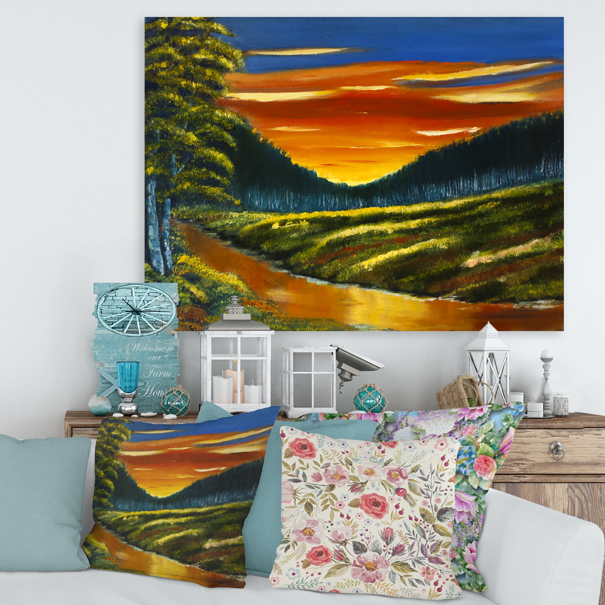 Designart ' Warm Coloured Sunset Glow Above The Lotus Swamp ' Traditional Canvas Wall Art Print