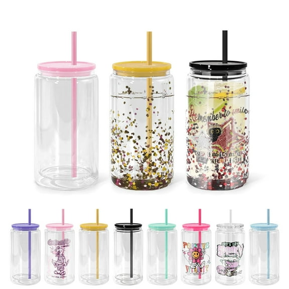 16oz Plastic Snow Globe Tumbler Cup 8 Pack Pre Drilled Double Wall Plastic Can With Lid And Straw Double Wall Snowglobe Cup