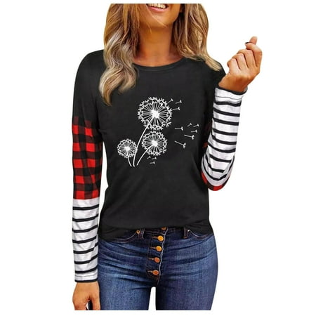 

Pianpianzi Tunics Women Pajama Shirts Women Cotton Short Crop Top Woman Womens Tunics Shirts Tops Long Sleeve Casual Round Neck Soft Striped Plaid Splice Animal Printing Tunic T Shirt