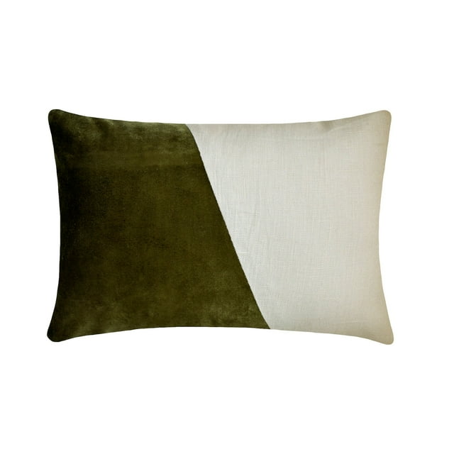 The HomeCentric Decorative Olive Green 12"x26" (30x65 cm) Lumbar Pillow Cover, Velvet & Linen Solid Color Block Oblong Pillow, Patchwork Pattern Modern Style - Velutinous Olive