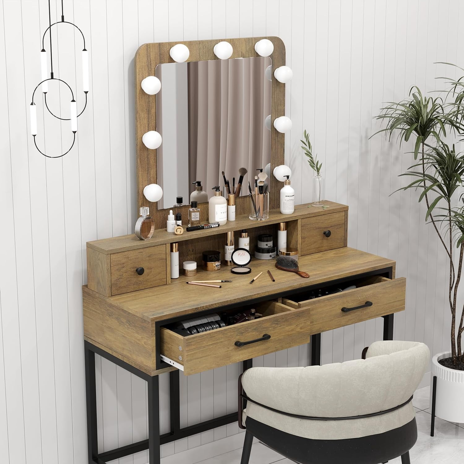 Heynemo Makeup Vanity with 3 Color Dimmable Lighted Hollywood Mirror, Vanity Table with 4 Drawers for Women Girls, Dressing Desk for Bedroom, Beauty Room, Brown