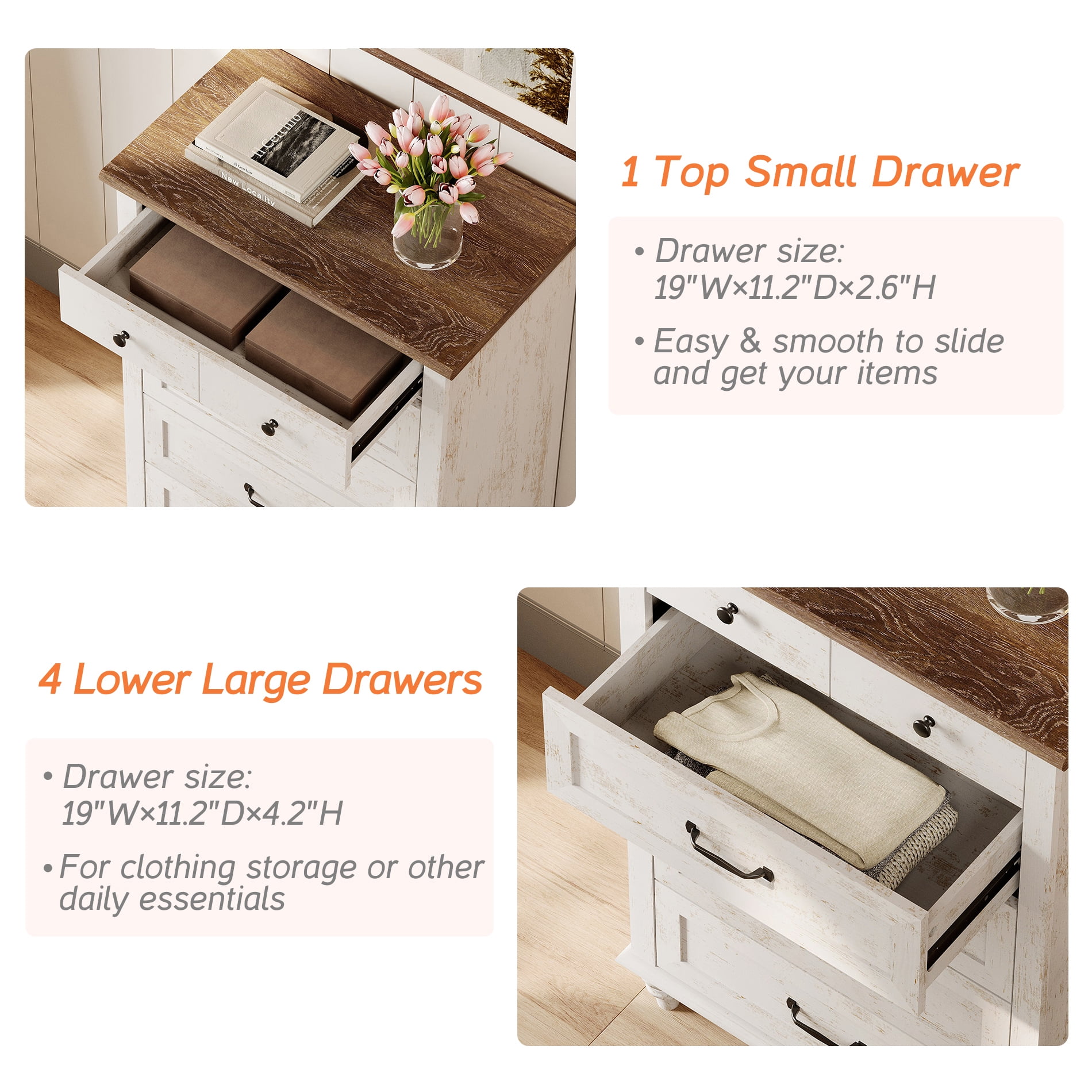 5-Drawer Farmhouse Dresser, Antique White Chest of Drawers for Bedroom & Living Room