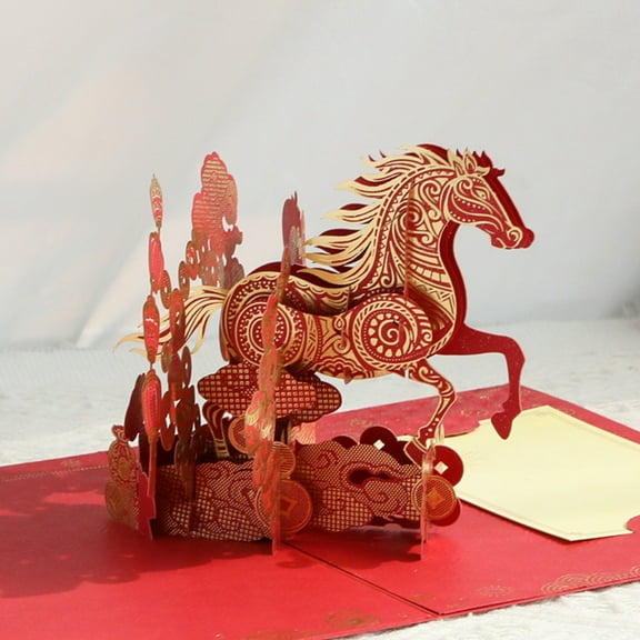 2026 Year of The Horse Cards Happy Chinese New Year Card 3D Pop Up Card Horse Year Greeting Card with Envelope Chinese Lunar New Year Card, Red