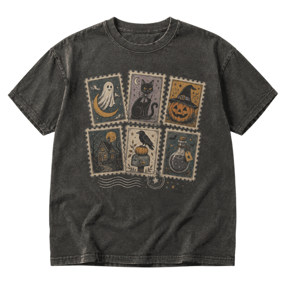 Lotusprint LLC Halloween Stamps Classic Unisex T-Shirt Comfort, Ghost Cat Pumpkin Graphic Tee