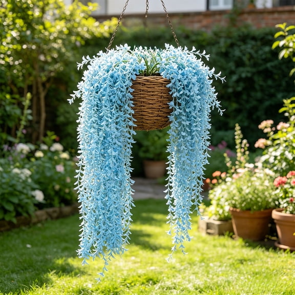 5 Pack Artificial Hanging Willow Vines, Cascading Plastic Greenery, 37.4 in Each, Blue, for Wall Balcony Wedding Arch Patio and Garden Decor