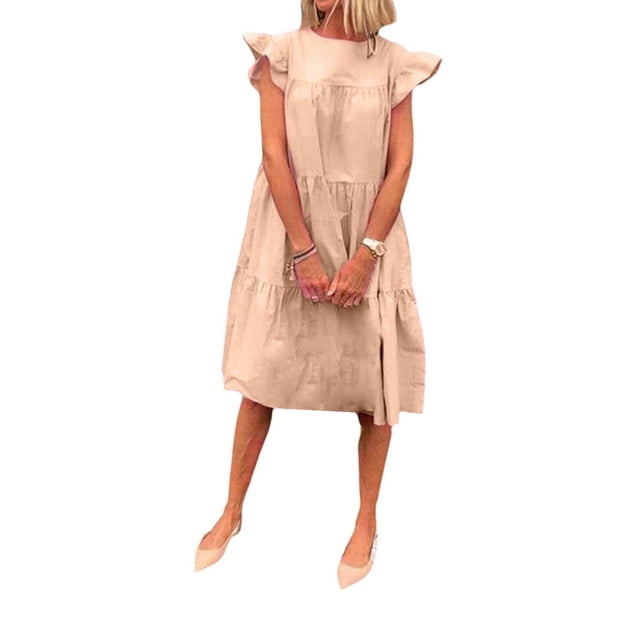Wangsaura Women Temperament Loose Mid-length Dress, Solid Round Collar Fly Sleeve Ruffle Layered Flowy Skirt Beachwear