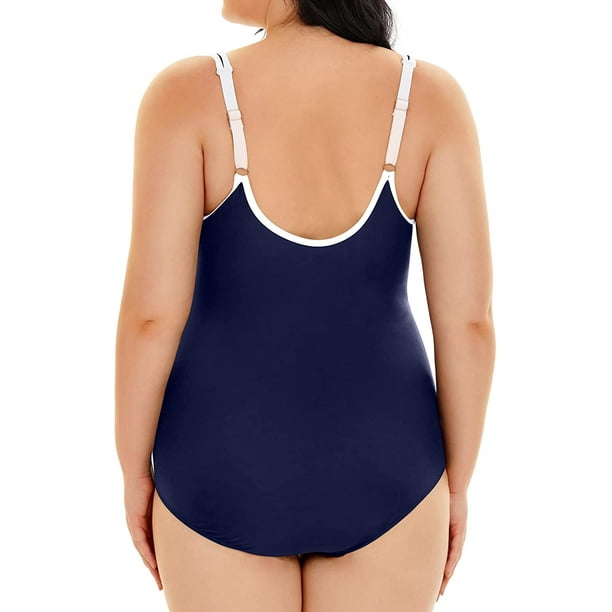 Women Plus Size One Piece Swimsuits Zip Front Bathing Suits Shirred Tummy  Control Swimwear 
