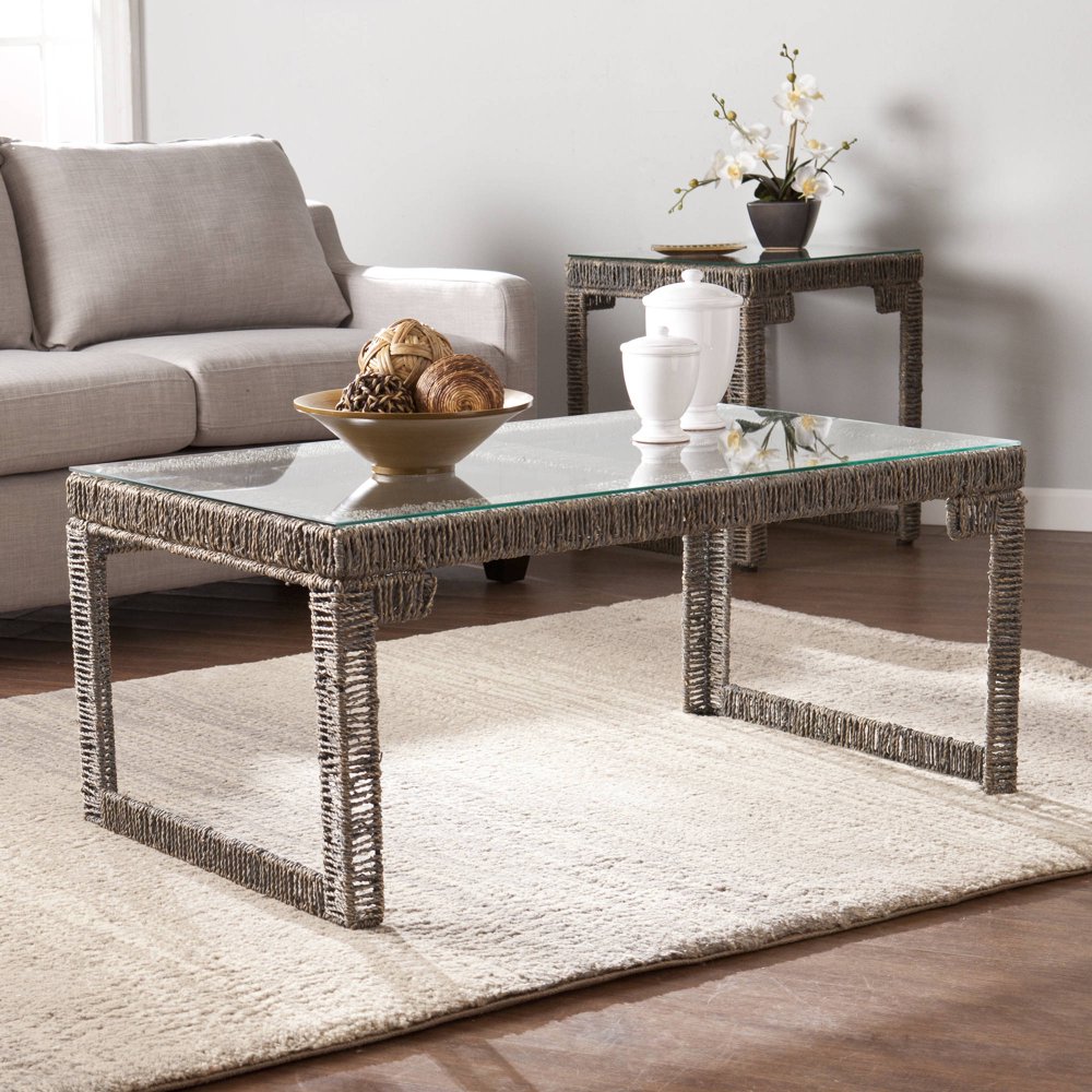Southern Enterprises Arayes Hyacinth and Glass Coffee Table, Gray