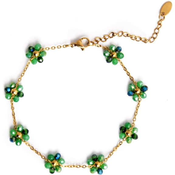 18K Gold Plated Ankle Bracelect for Women, Flower Glass Beads Waterproof Boho Anklets, Birthday Anniversary Jewelry Gifts for Wife, Mom, Best Friend
