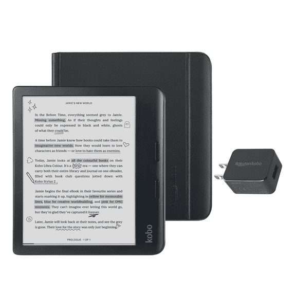 Kobo Libra Colour Black eReader with Case Bundle (Black Notebook SleepCover, Case   AC Bundle)