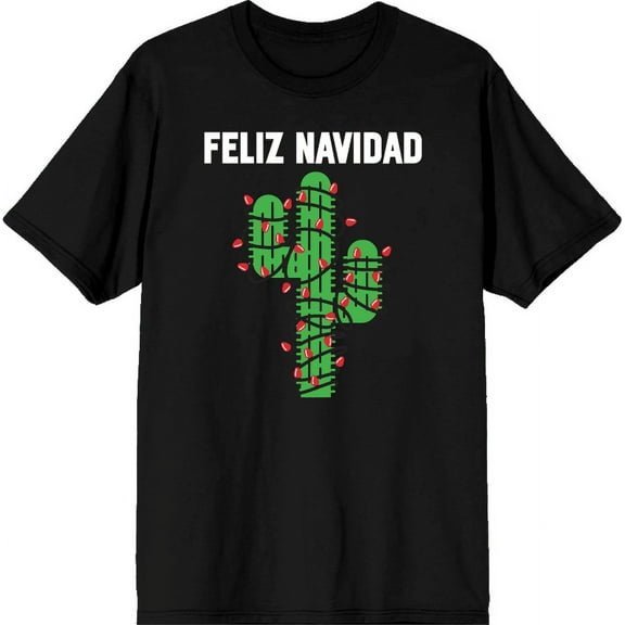 Feliz Navidad Christmas Cactus Adult Black Crew Neck Short Sleeve Tee-Small