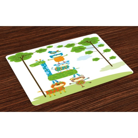 - Nursery Placemats Set of 4 Funny Cute Jungle Creatures Balancing on Each Other Animal Tower in Forest, Washable Fabric Place Mats for Dining Room Kitchen Table Decor,Green Blue Orange, by Ambesonne
