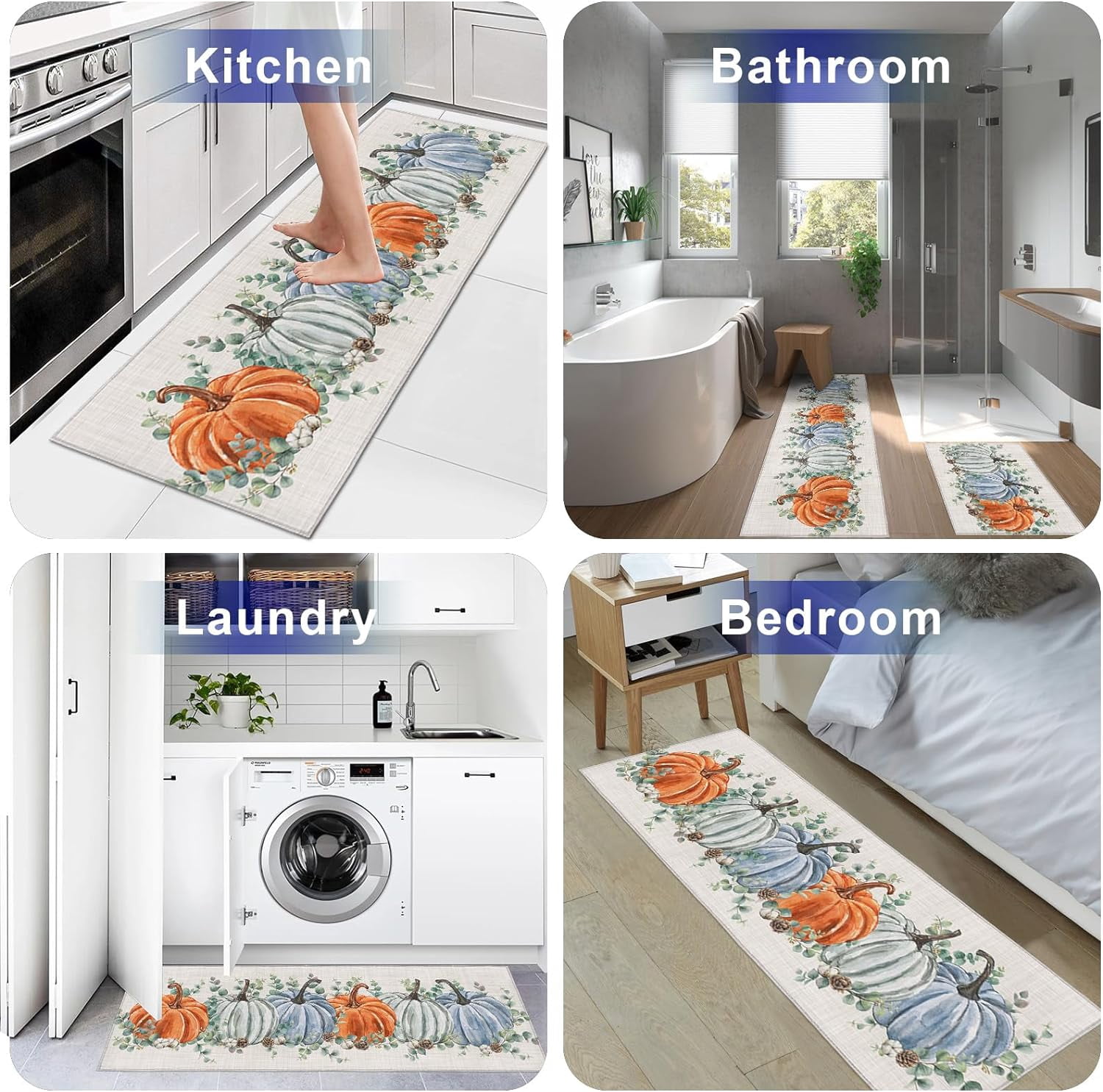 Fall Harvest Pumpkins Kitchen Rugs and Mats Non Skid Washable Floor Doormat, Thanksgiving Eucalyptus Leaf Branch 2 Piece Comfort Sink Standing Rug Area Runner Non-Slip Rubber Backing Mat Retro Linen