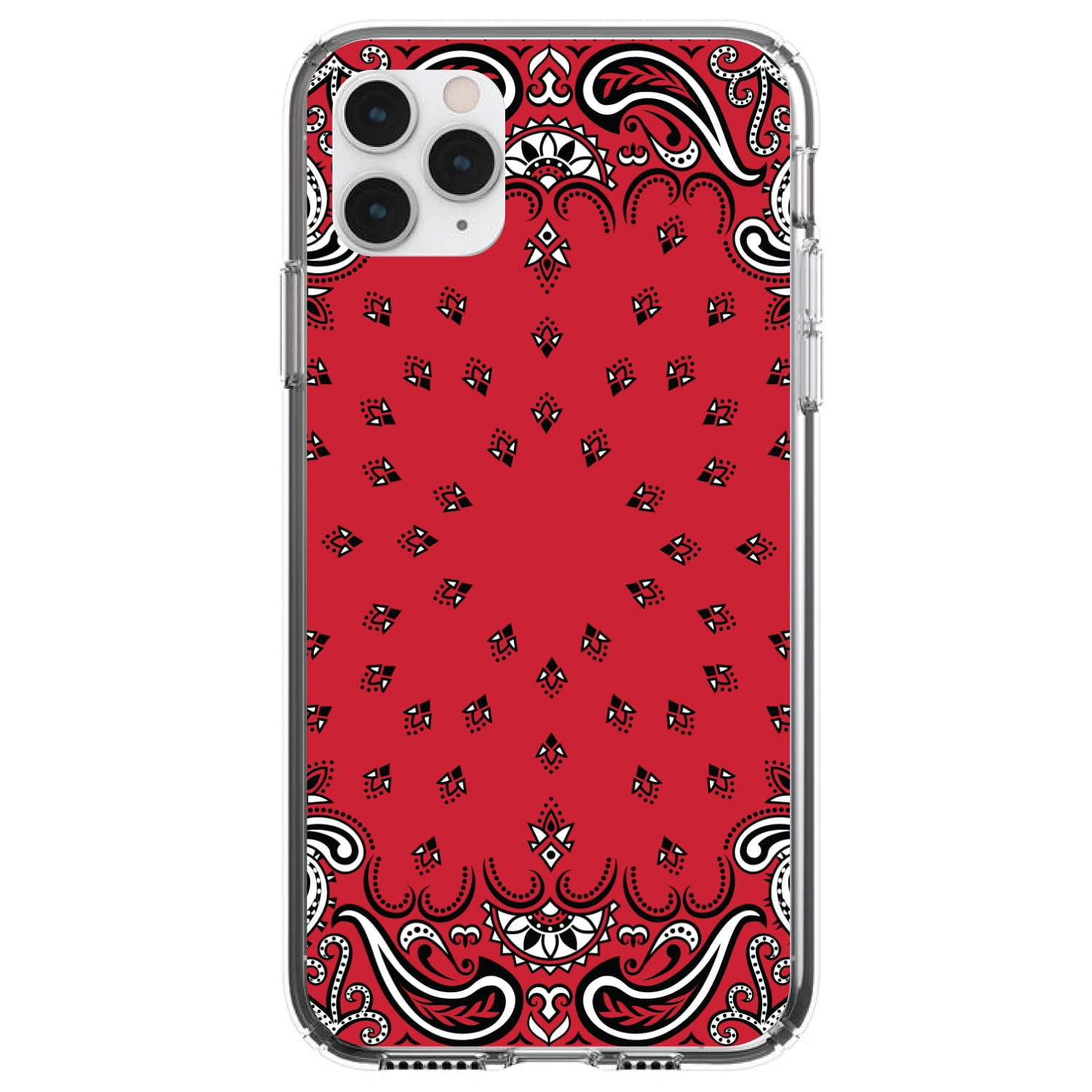 DistinctInk Clear Shockproof Hybrid Case for iPhone 11 Pro (5.8 Screen) - TPU Bumper Acrylic Back Tempered Glass Screen Protector - Bandana Print - Red Black White