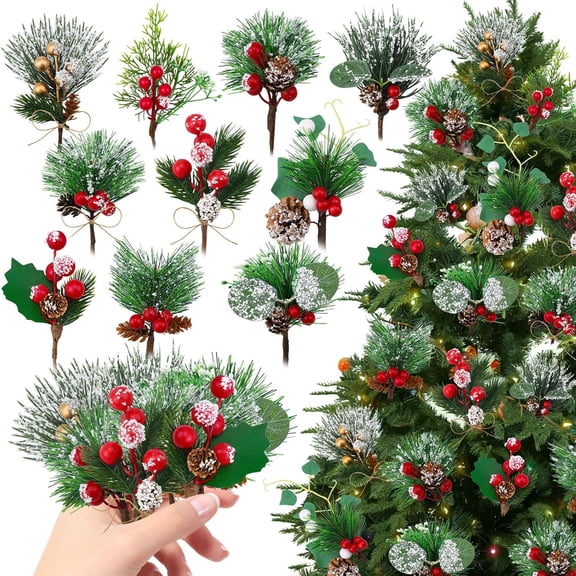 50Pack Christmas Picks Artificial Assorted Red Berry Stems and Faux Sprays Pine Picks with Evergreen Holly Sprigs for Winter Crafts Wreath Supplies Christmas Tree Decoration