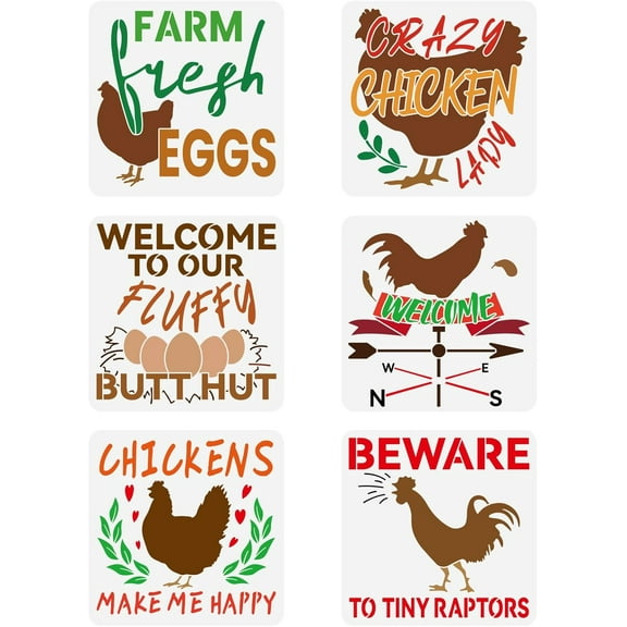 1 Set 6 pcs Farm Chickens Stencil 11.8x11.8inch Reusable Farm Fresh Eggs Painting Template Rooster Hen Animal Stencil Beware to Tiny Raptors Sign Stencil for Painting on Wood Wall Furniture