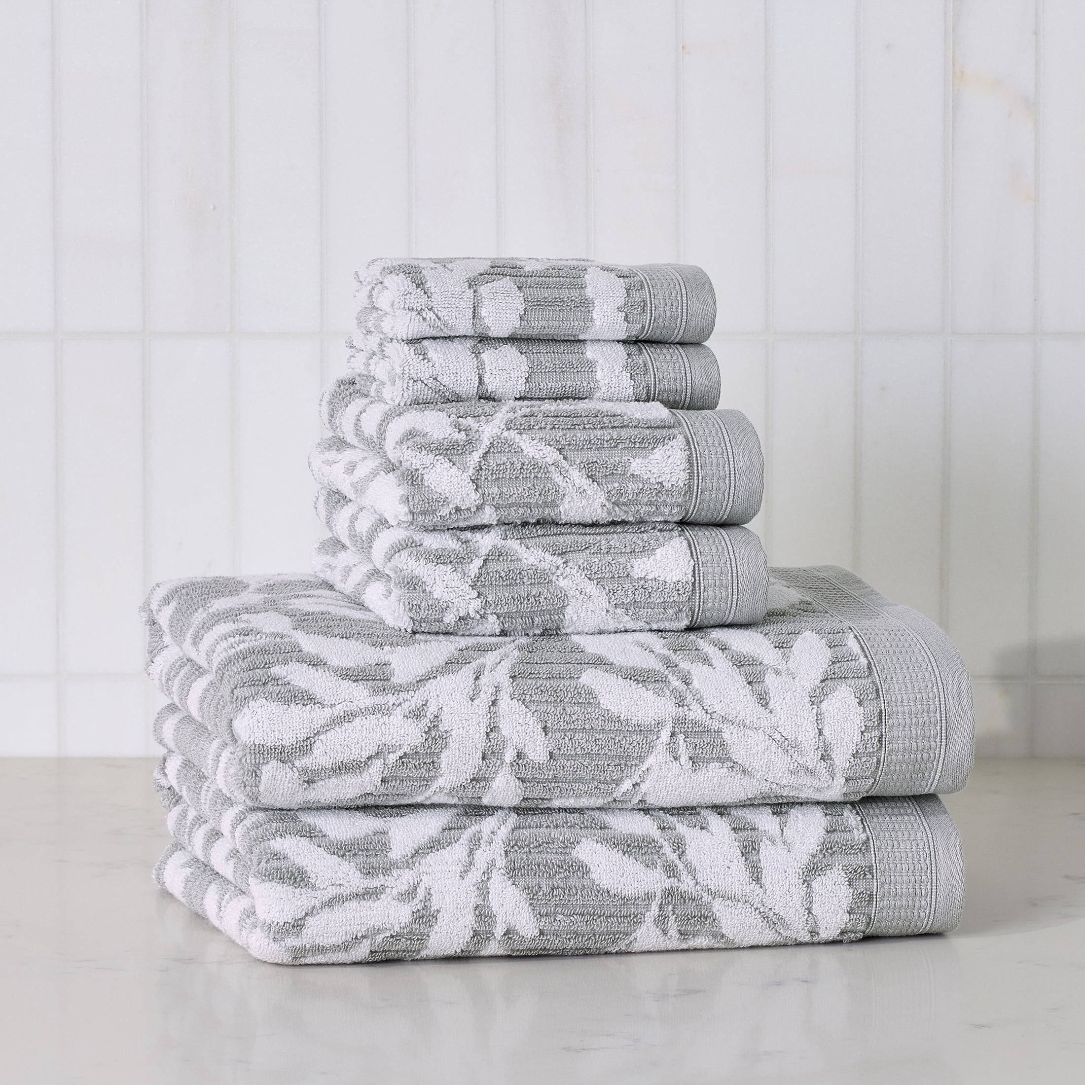Better Homes & Gardens Signature Soft Floral 6 Piece Towel Set,Soft Silver/Arctic White